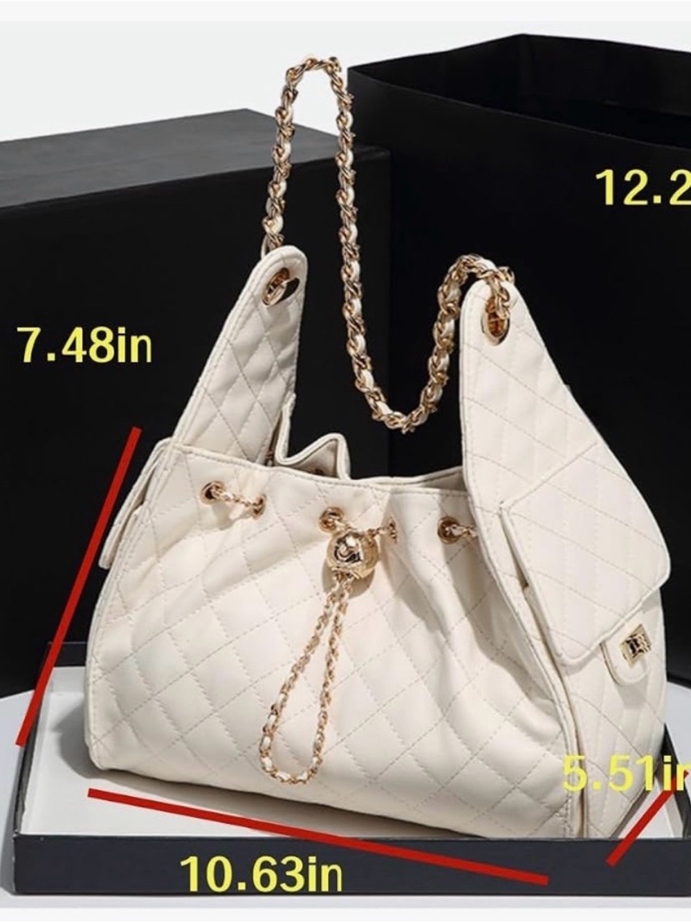 Quilted Drawstring Shoulder Bag - White